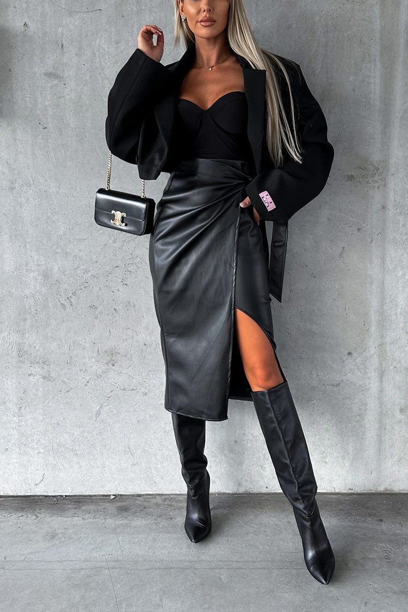 Split Belted Pu Leather Midi Skirt