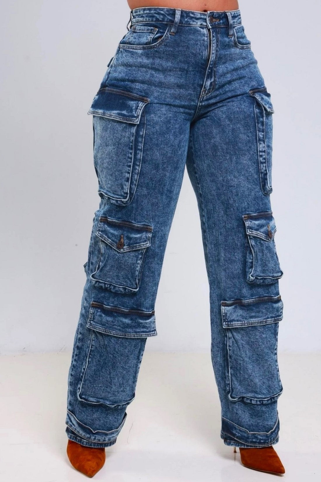 High Rise Medium Blue Acid Wash Cargo Jeans