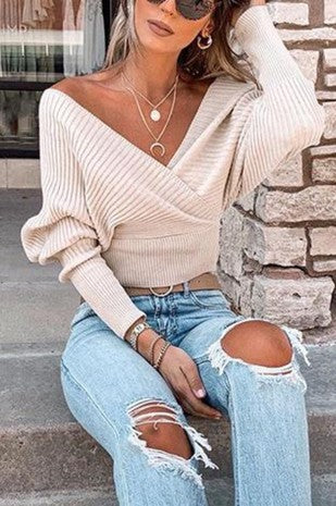 Melinda V-neck Cross Wrap Off Shoulder Sweater