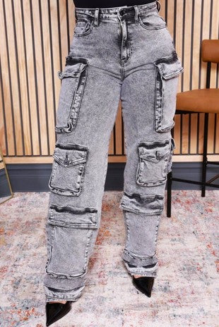 High Rise Acid Wash Cargo Jeans