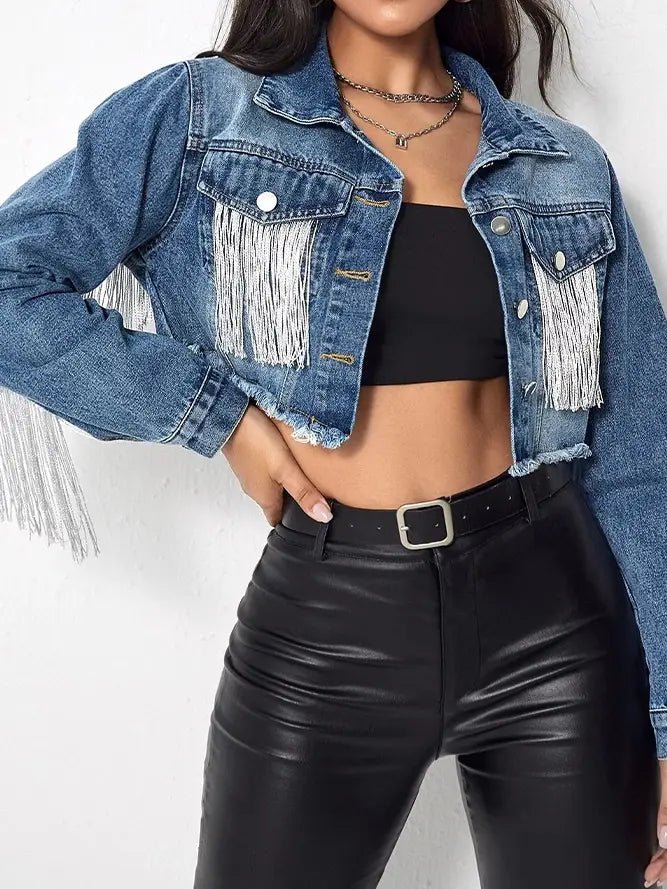 Distressed Short Denim Tassle Jacket Coat - Docias boutique