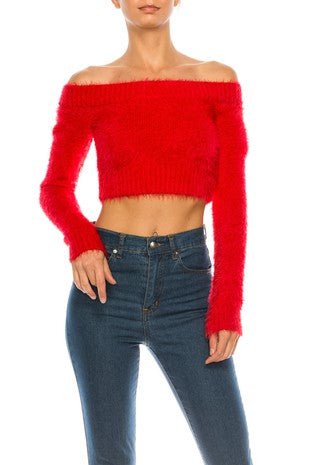 Long Sleeve Off Shoulder Eyelash Crop Sweater - Docias boutique