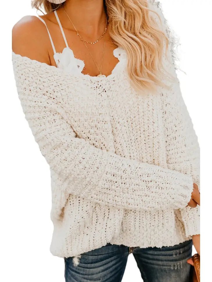 White V Neck Sexy Pullover Sweate - Docias boutique