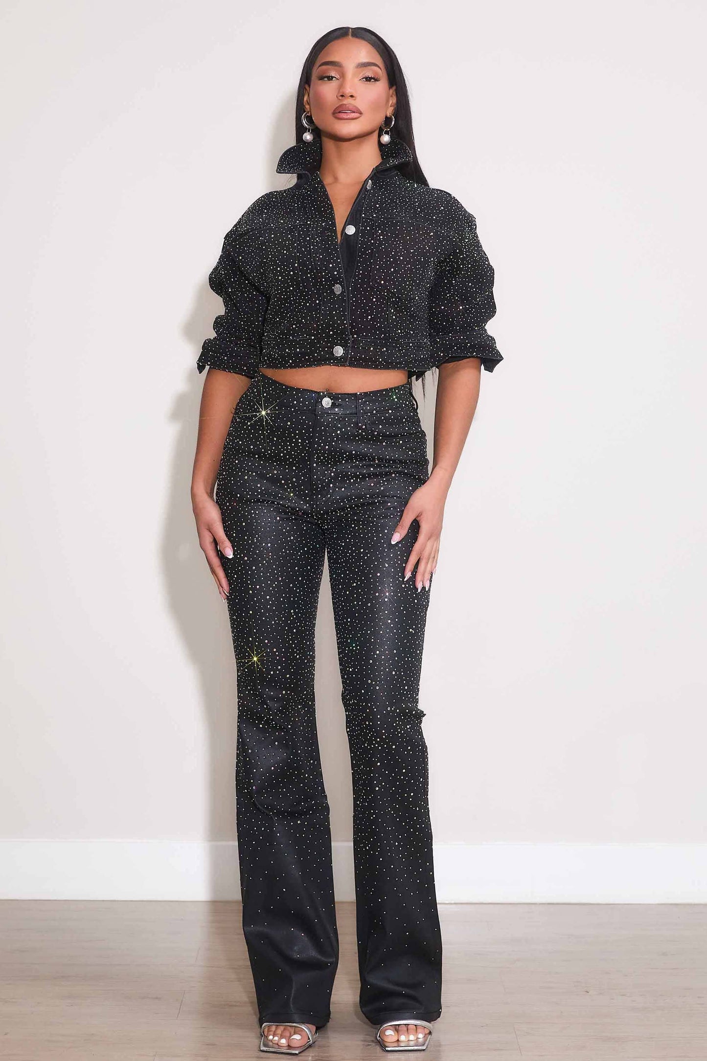 Iridescent Rhinestone Bootcut Coated Pants