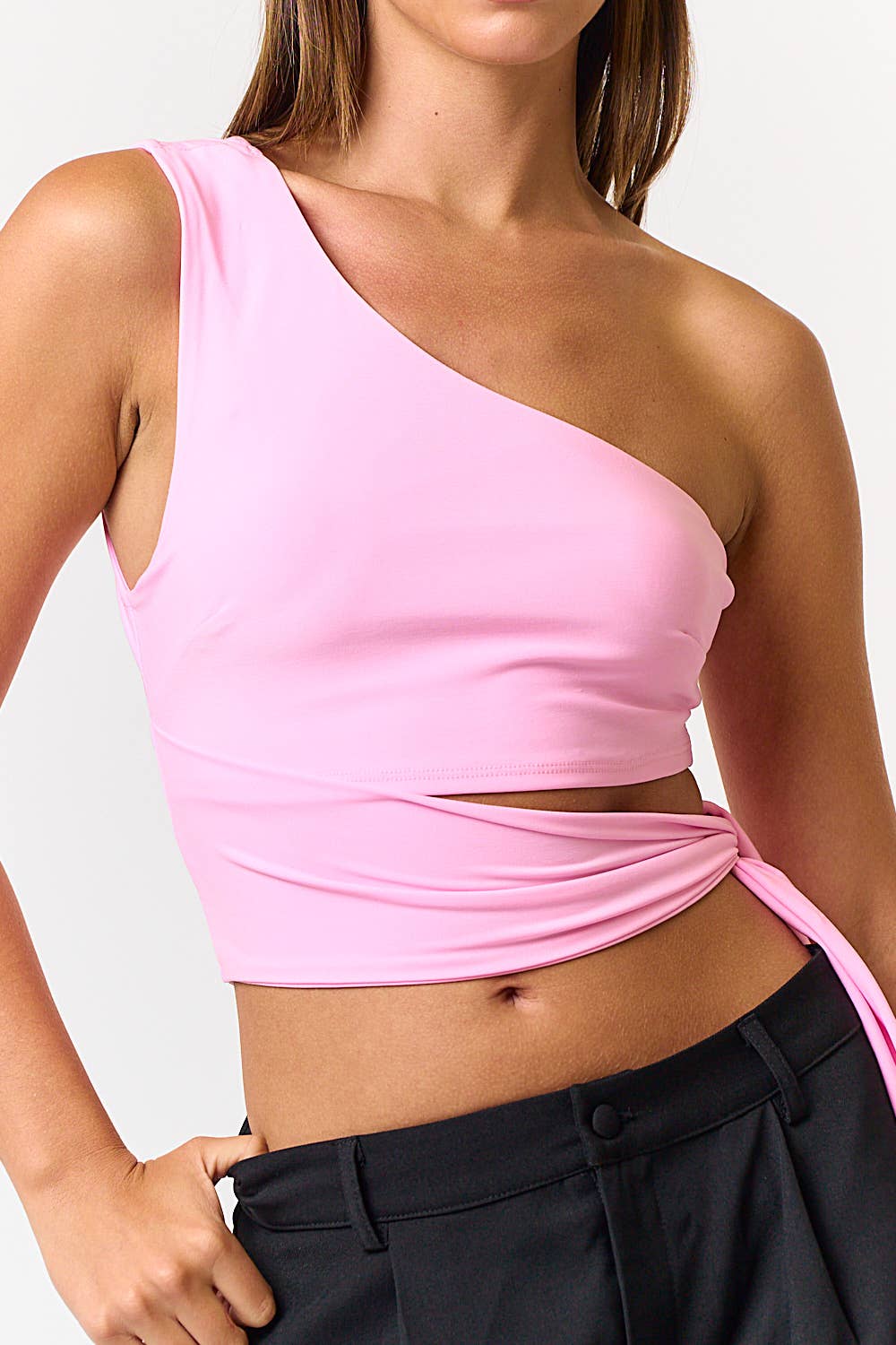 ONE SHOULDER WAIST TIE CROP TOP