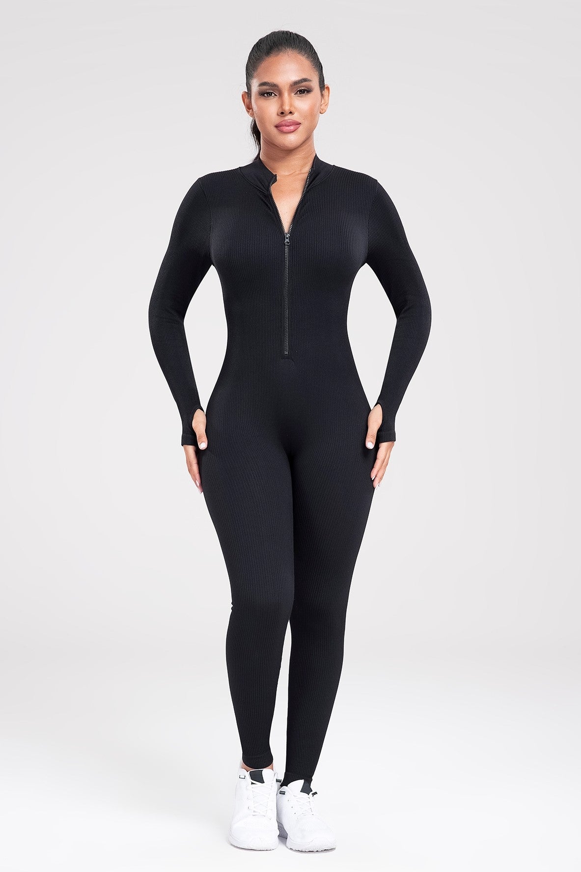 Seamless Zipper Front Long Sleeve Ribbed Jumpsuit