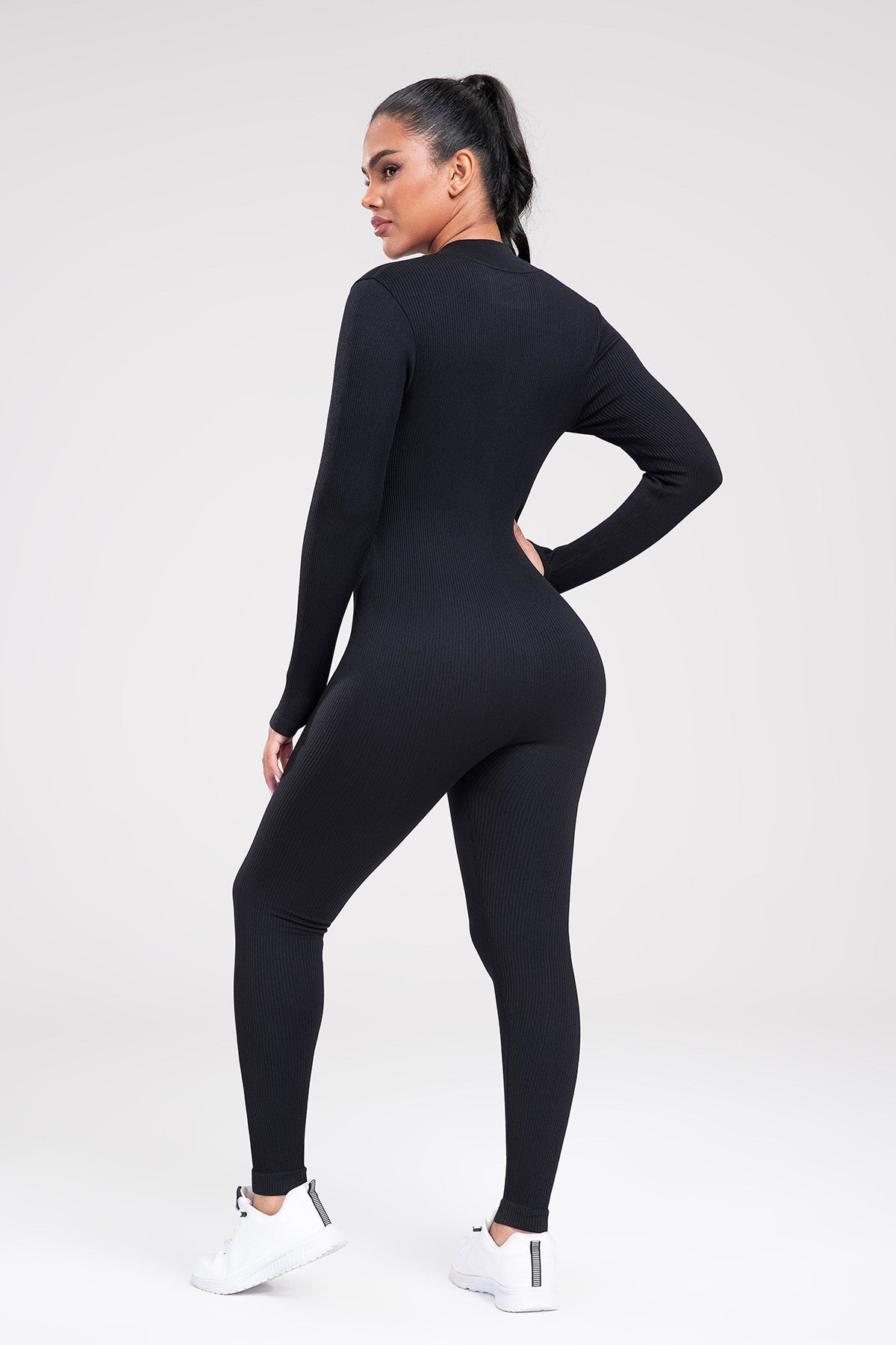 Seamless Zipper Front Long Sleeve Ribbed Jumpsuit