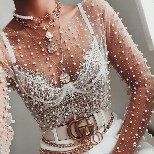 Pearl Rhinestone Studded See Through Mesh Crop Top SKT1976