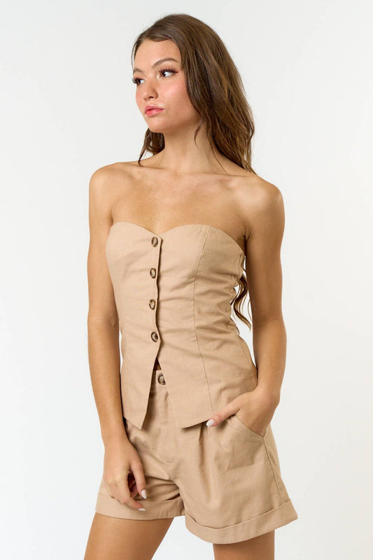 LINEN BUTTON DOWN TUBE TOP AND ROLL UP SHORTS SET