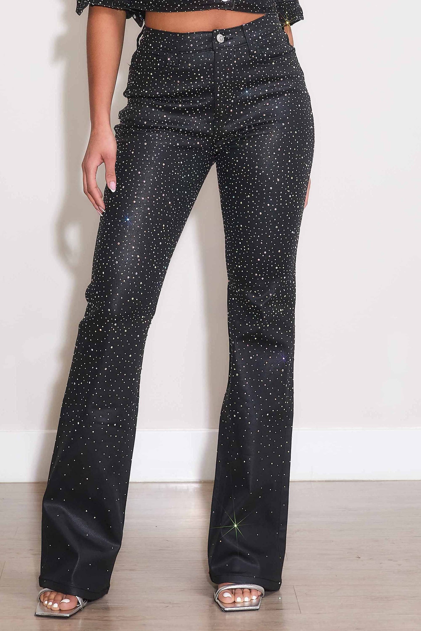 Iridescent Rhinestone Bootcut Coated Pants