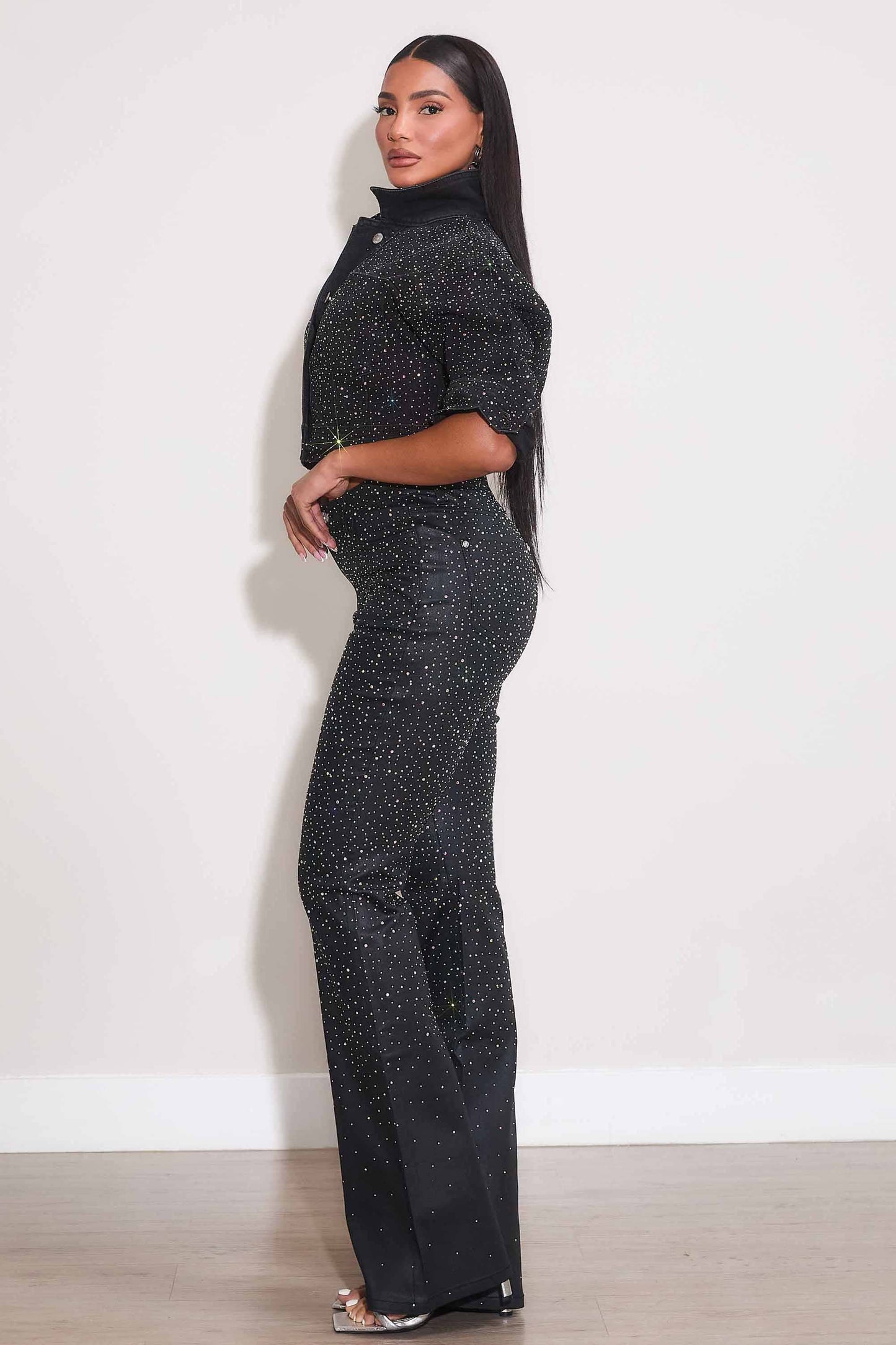 Iridescent Rhinestone Bootcut Coated Pants