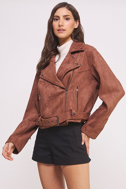 PLUS BELTED LONG SLEEVE ZIPPERED SUEDE MOTO JACKET - Docias boutique