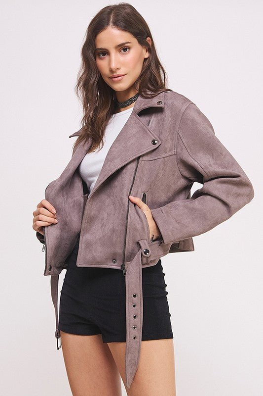 PLUS BELTED LONG SLEEVE ZIPPERED SUEDE MOTO JACKET - Docias boutique