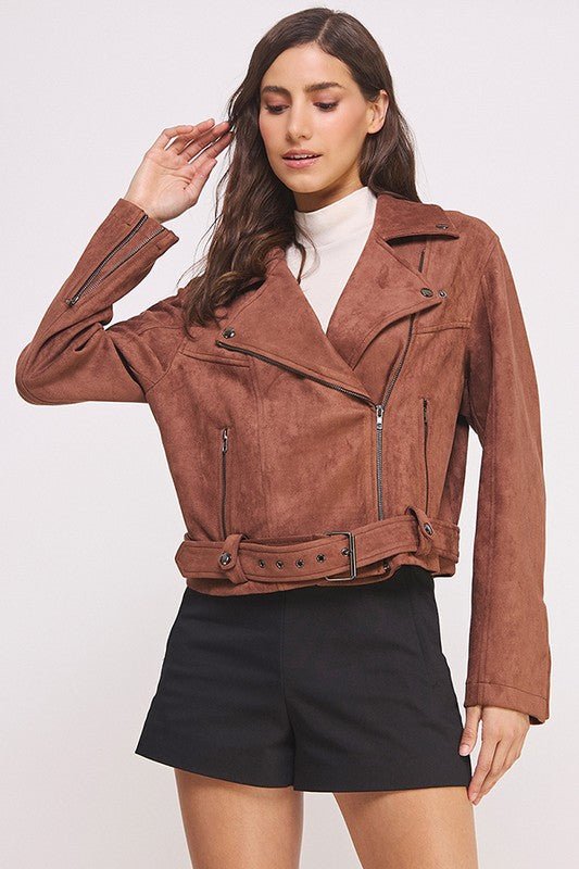 PLUS BELTED LONG SLEEVE ZIPPERED SUEDE MOTO JACKET - Docias boutique
