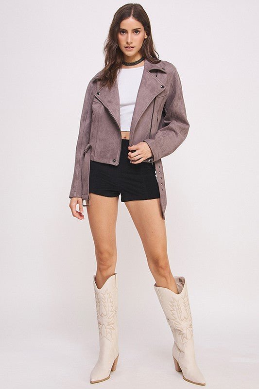 PLUS BELTED LONG SLEEVE ZIPPERED SUEDE MOTO JACKET - Docias boutique