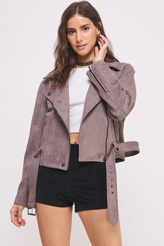 PLUS BELTED LONG SLEEVE ZIPPERED SUEDE MOTO JACKET - Docias boutique