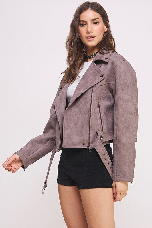 PLUS BELTED LONG SLEEVE ZIPPERED SUEDE MOTO JACKET - Docias boutique