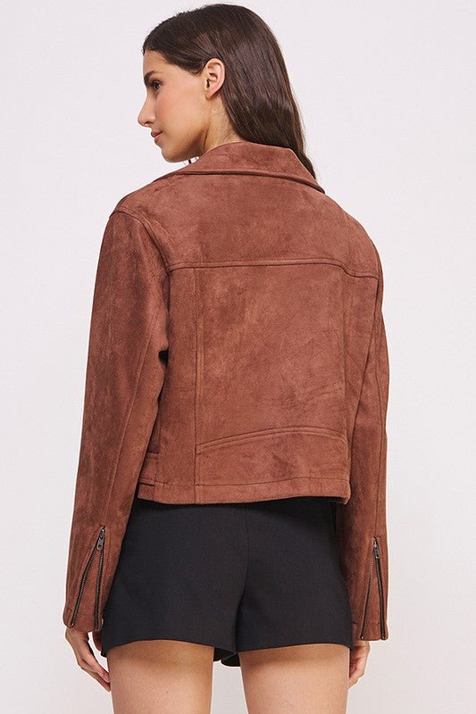 PLUS BELTED LONG SLEEVE ZIPPERED SUEDE MOTO JACKET - Docias boutique