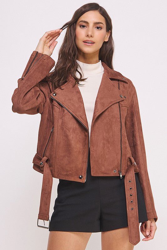 PLUS BELTED LONG SLEEVE ZIPPERED SUEDE MOTO JACKET - Docias boutique