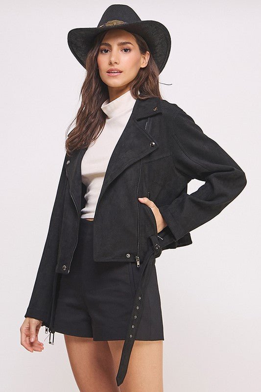 PLUS BELTED LONG SLEEVE ZIPPERED SUEDE MOTO JACKET - Docias boutique