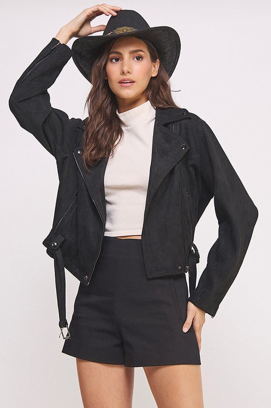 PLUS BELTED LONG SLEEVE ZIPPERED SUEDE MOTO JACKET - Docias boutique