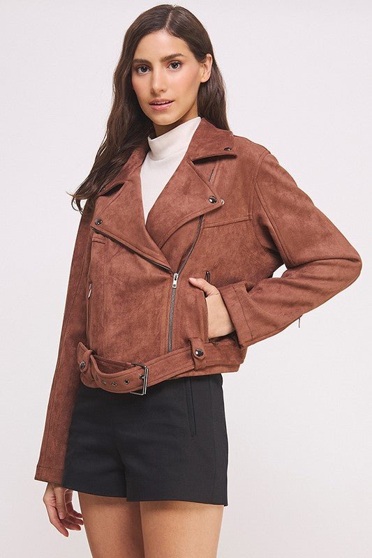 PLUS BELTED LONG SLEEVE ZIPPERED SUEDE MOTO JACKET - Docias boutique
