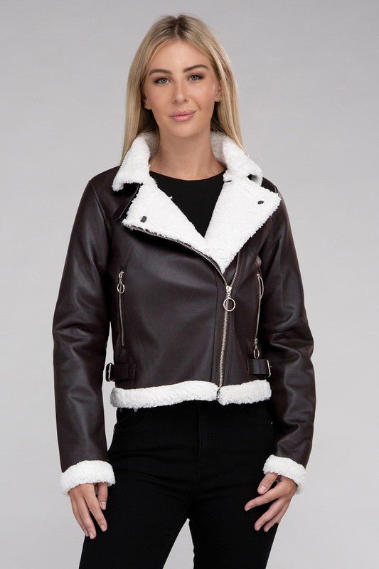 Plush Teddy Trimmed PU Jacket - Docias boutique