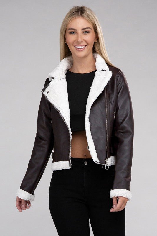 Plush Teddy Trimmed PU Jacket - Docias boutique