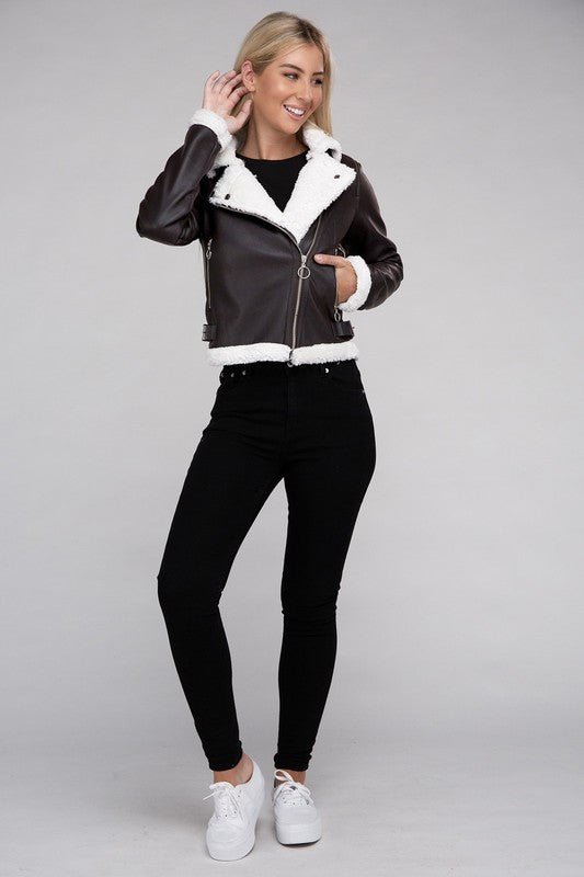Plush Teddy Trimmed PU Jacket - Docias boutique