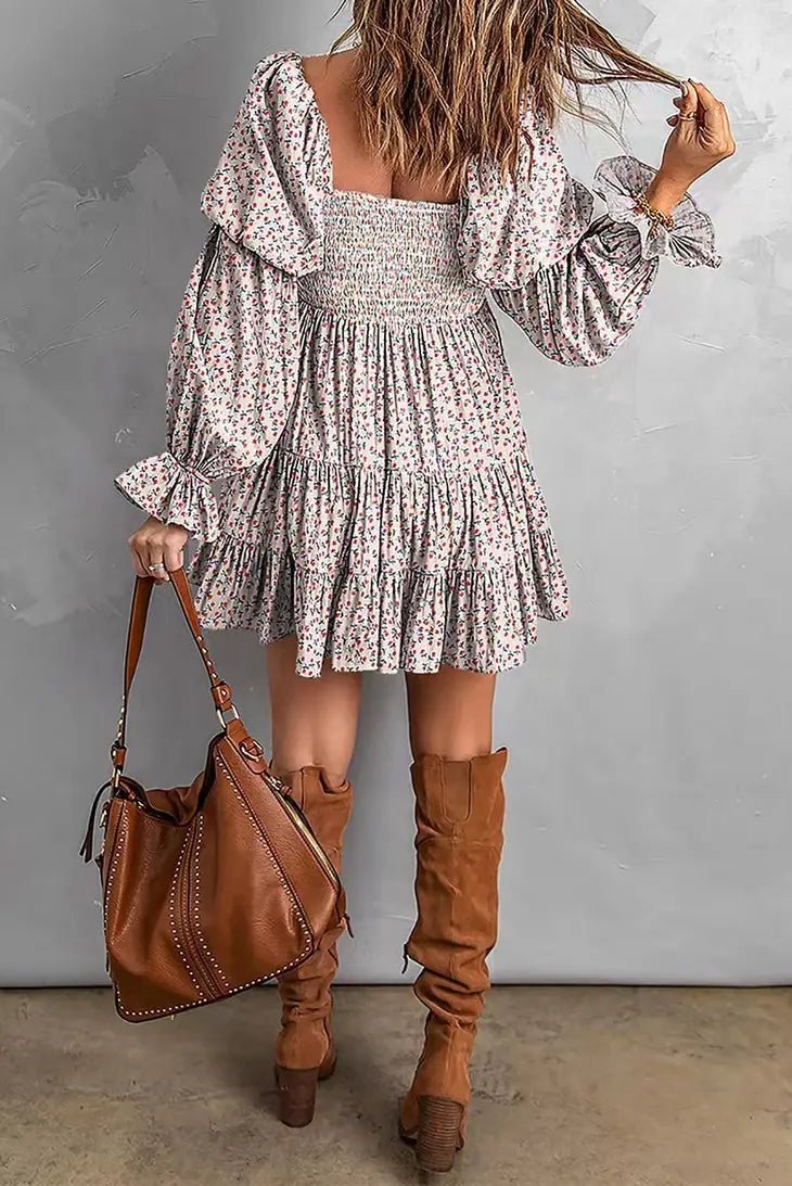 Smocked Lantern Sleeves Floral Tiered Dress - Docias boutique